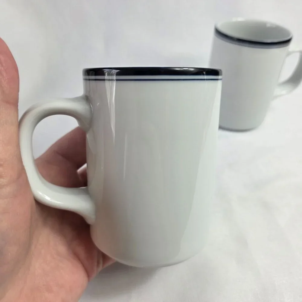 TWO Dansk Allegro Blue Mugs White with Two Blue Bands on Rim